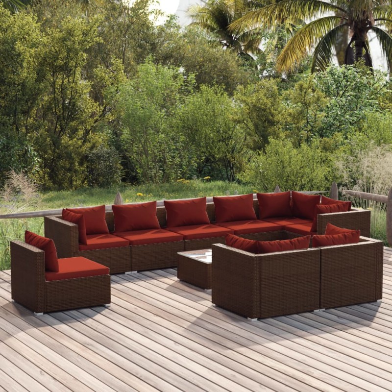 vidaXL 10-tlg. Garten-Lounge-Set mit Kissen Poly Rattan Braun vidaXL 10-tlg. Garten-Lounge-Set mit Kissen Poly Rattan Braun