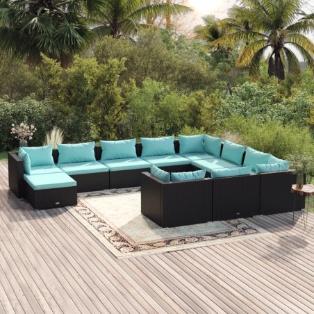vidaXL 11-tlg. Garten-Lounge-Set mit Kissen Poly Rattan Schwarz