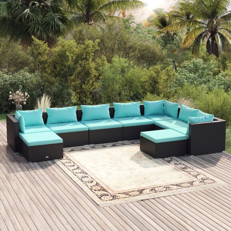 vidaXL 9-tlg. Garten-Lounge-Set mit Kissen Poly Rattan Schwarz vidaXL 9-tlg. Garten-Lounge-Set mit Kissen Poly Rattan Schwarz