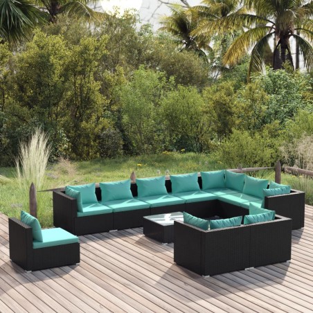vidaXL 11-tlg. Garten-Lounge-Set mit Kissen Poly Rattan Schwarz