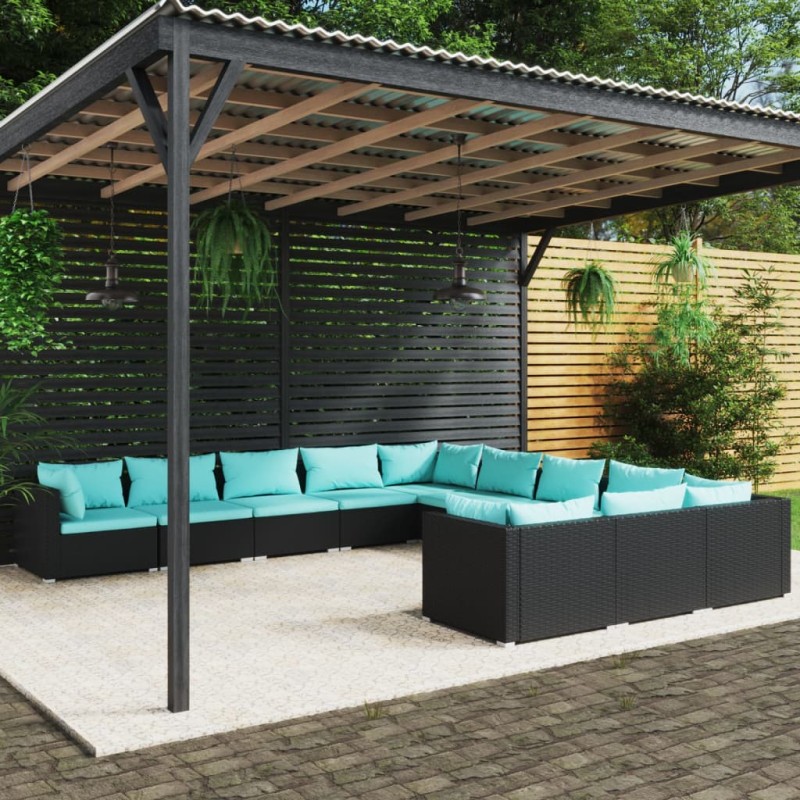 vidaXL 11-tlg. Garten-Lounge-Set mit Kissen Poly Rattan Schwarz vidaXL 11-tlg. Garten-Lounge-Set mit Kissen Poly Rattan Schwarz