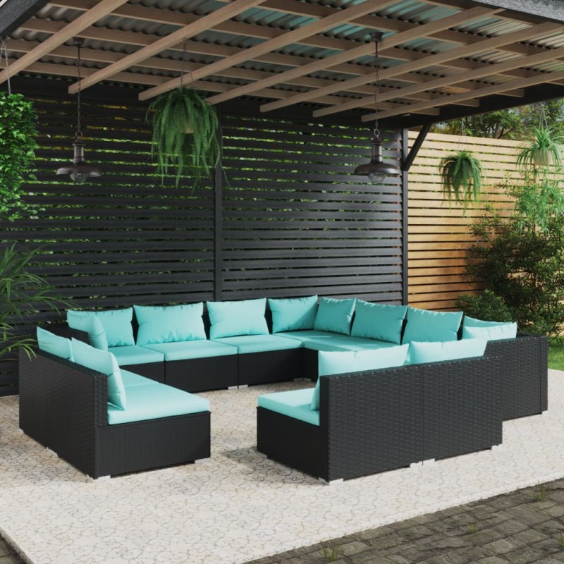 vidaXL 11-tlg. Garten-Lounge-Set mit Kissen Schwarz Poly Rattan vidaXL 11-tlg. Garten-Lounge-Set mit Kissen Schwarz Poly Rattan