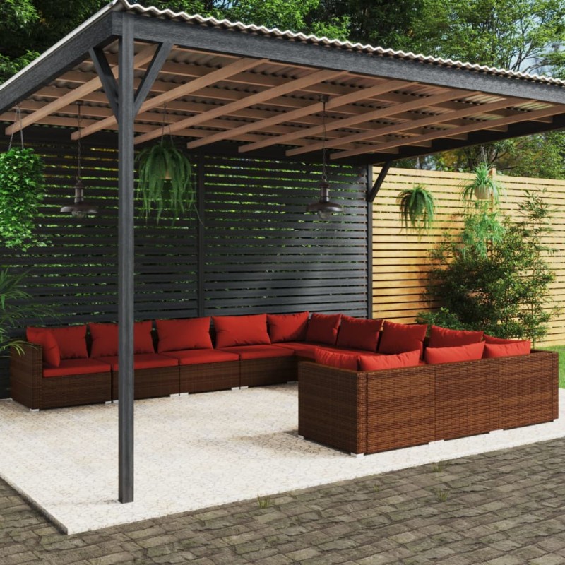 vidaXL 11-tlg. Garten-Lounge-Set mit Kissen Poly Rattan Braun vidaXL 11-tlg. Garten-Lounge-Set mit Kissen Poly Rattan Braun