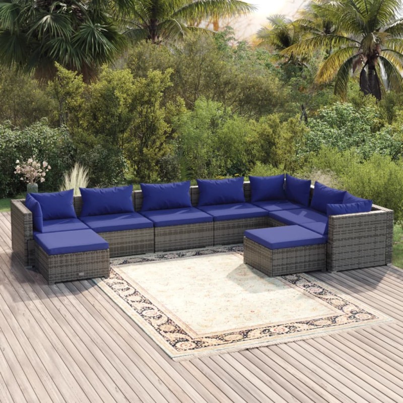 vidaXL 9-tlg. Garten-Lounge-Set mit Kissen Poly Rattan Grau vidaXL 9-tlg. Garten-Lounge-Set mit Kissen Poly Rattan Grau