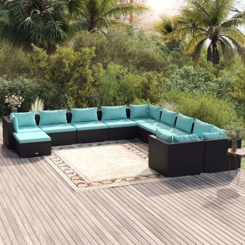 vidaXL 11-tlg. Garten-Lounge-Set mit Kissen Poly Rattan Schwarz vidaXL 11-tlg. Garten-Lounge-Set mit Kissen Poly Rattan Schwarz