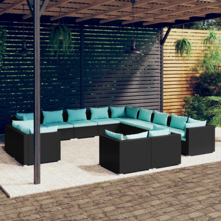 vidaXL 13-tlg. Garten-Lounge-Set mit Kissen Schwarz Poly Rattan