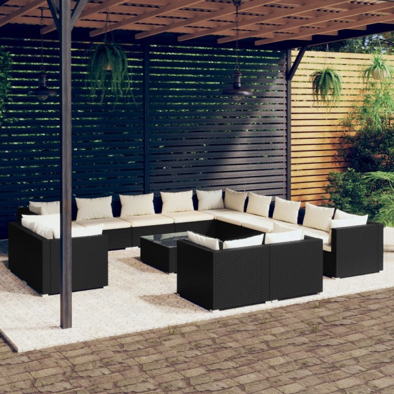 vidaXL 14-tlg. Garten-Lounge-Set mit Kissen Schwarz Poly Rattan vidaXL 14-tlg. Garten-Lounge-Set mit Kissen Schwarz Poly Rattan