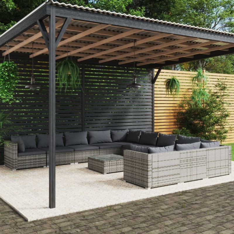 vidaXL 12-tlg. Garten-Lounge-Set mit Kissen Poly Rattan Grau vidaXL 12-tlg. Garten-Lounge-Set mit Kissen Poly Rattan Grau