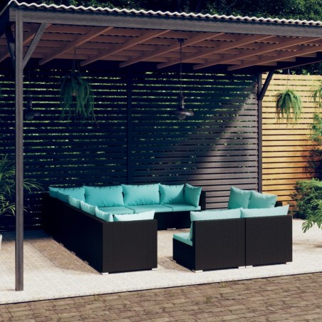 vidaXL 12-tlg. Garten-Lounge-Set mit Kissen Schwarz Poly Rattan