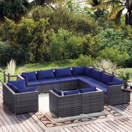 vidaXL 11-tlg. Garten-Lounge-Set mit Kissen Grau Poly Rattan