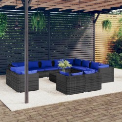 vidaXL 13-tlg. Garten-Lounge-Set mit Kissen Grau Poly Rattan