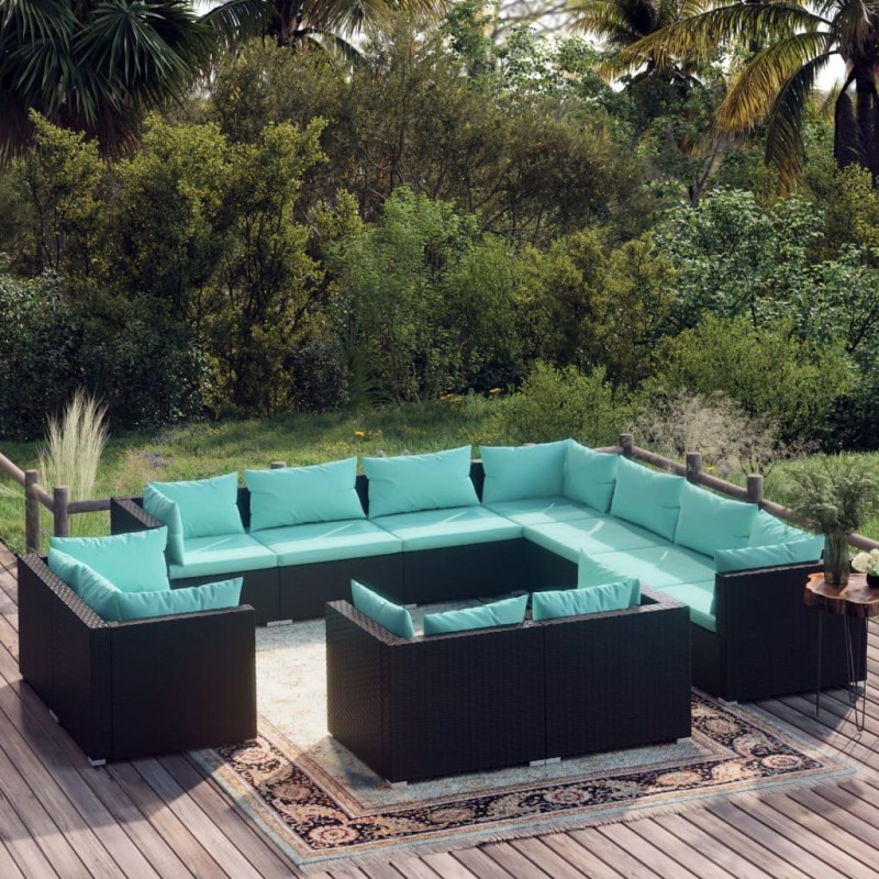 vidaXL 11-tlg. Garten-Lounge-Set mit Kissen Schwarz Poly Rattan vidaXL 11-tlg. Garten-Lounge-Set mit Kissen Schwarz Poly Rattan