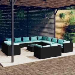 vidaXL 14-tlg. Garten-Lounge-Set mit Kissen Schwarz Poly Rattan