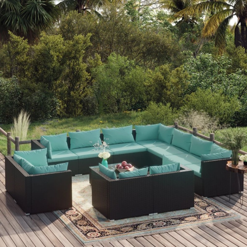 vidaXL 12-tlg. Garten-Lounge-Set mit Kissen Schwarz Poly Rattan vidaXL 12-tlg. Garten-Lounge-Set mit Kissen Schwarz Poly Rattan