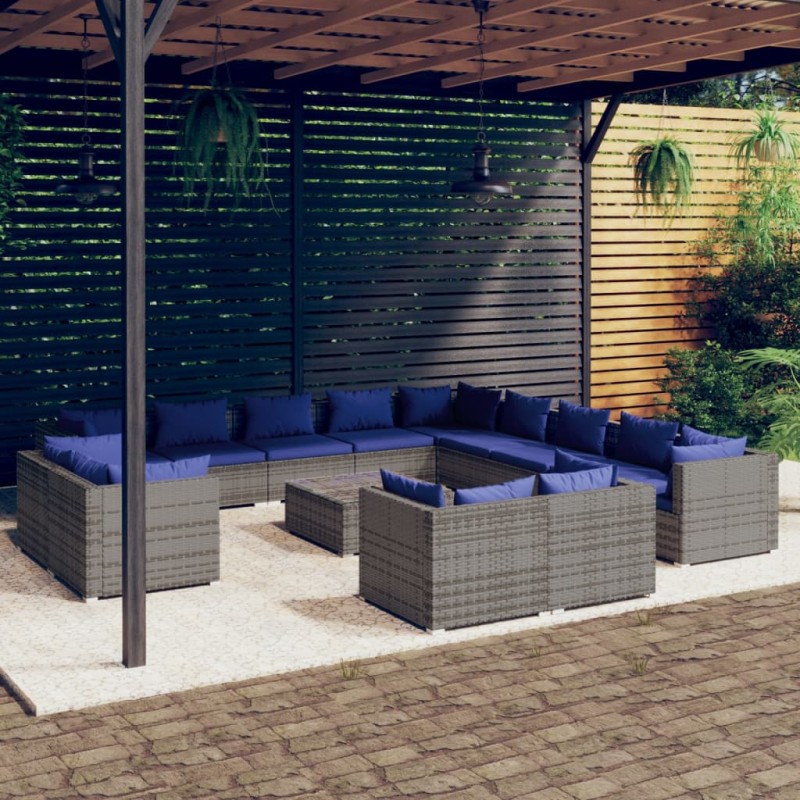 vidaXL 14-tlg. Garten-Lounge-Set mit Kissen Grau Poly Rattan vidaXL 14-tlg. Garten-Lounge-Set mit Kissen Grau Poly Rattan