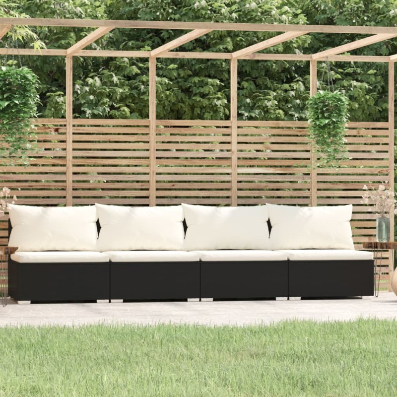4-Sitzer-Sofa mit Kissen Schwarz Poly Rattan 4-Sitzer-Sofa mit Kissen Schwarz Poly Rattan