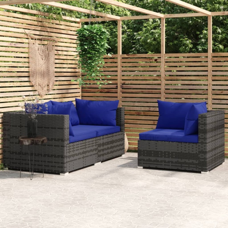 3-tlg. Garten-Lounge-Set mit Kissen Grau Poly Rattan 3-tlg. Garten-Lounge-Set mit Kissen Grau Poly Rattan