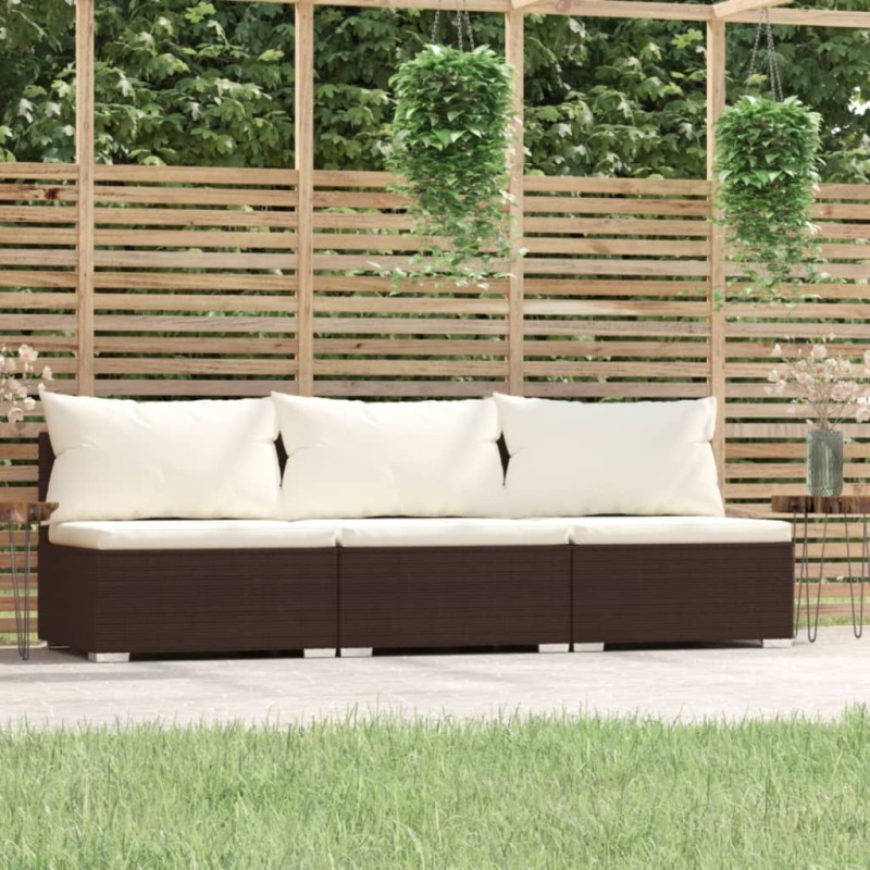 3-Sitzer-Sofa mit Kissen Braun Poly Rattan 3-Sitzer-Sofa mit Kissen Braun Poly Rattan