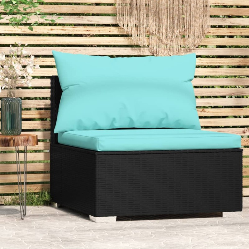 Garten-Mittelsofa mit Kissen Schwarz Poly Rattan Garten-Mittelsofa mit Kissen Schwarz Poly Rattan