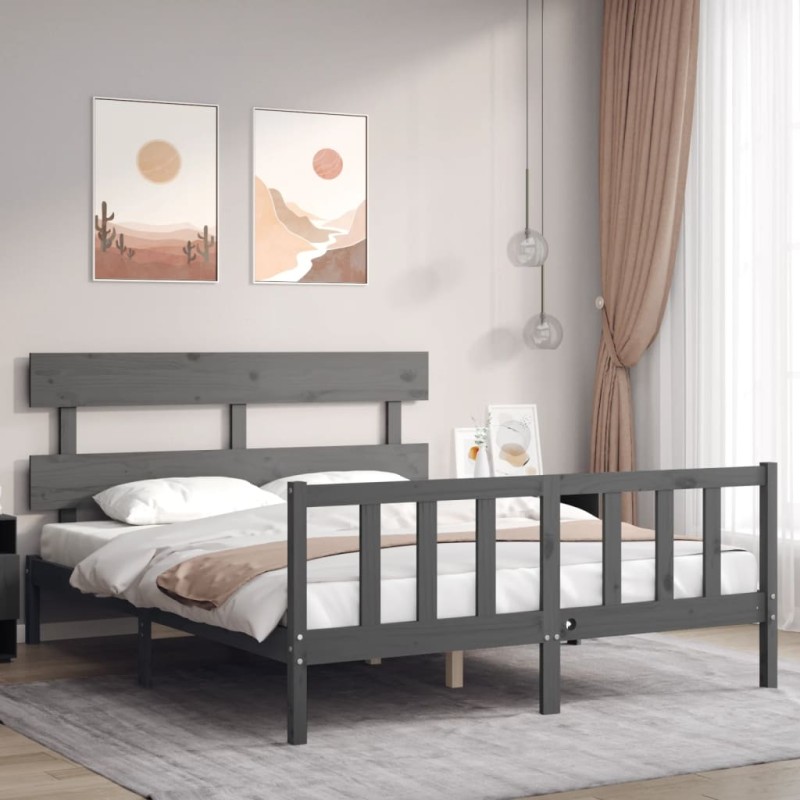 vidaXL Massivholzbett mit Kopfteil Grau vidaXL Massivholzbett mit Kopfteil Grau