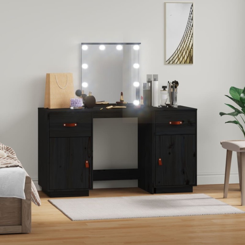vidaXL Schminktisch-Set mit LED Schwarz Massivholz Kiefer vidaXL Schminktisch-Set mit LED Schwarz Massivholz Kiefer
