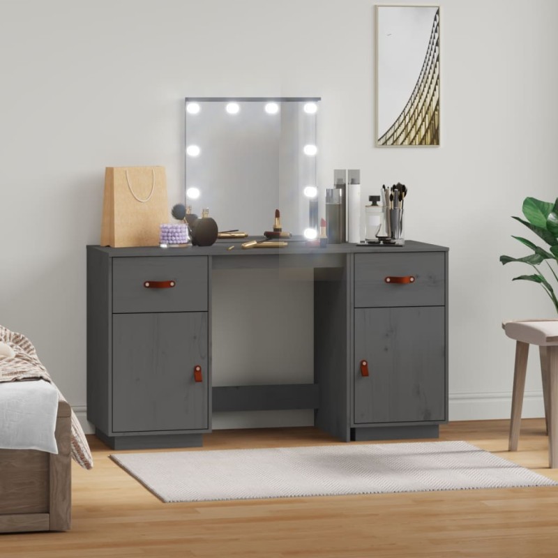 vidaXL Schminktisch-Set mit LED Grau Massivholz Kiefer vidaXL Schminktisch-Set mit LED Grau Massivholz Kiefer