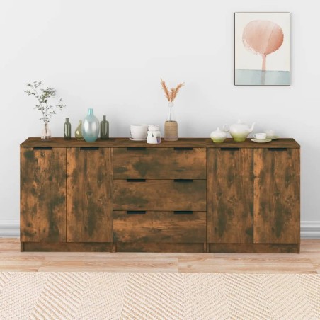 vidaXL 3-tlg. Sideboard Räuchereiche Holzwerkstoff