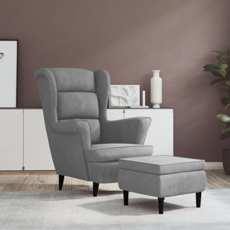vidaXL Ohrensessel mit Hocker Hellgrau Samt vidaXL Ohrensessel mit Hocker Hellgrau Samt