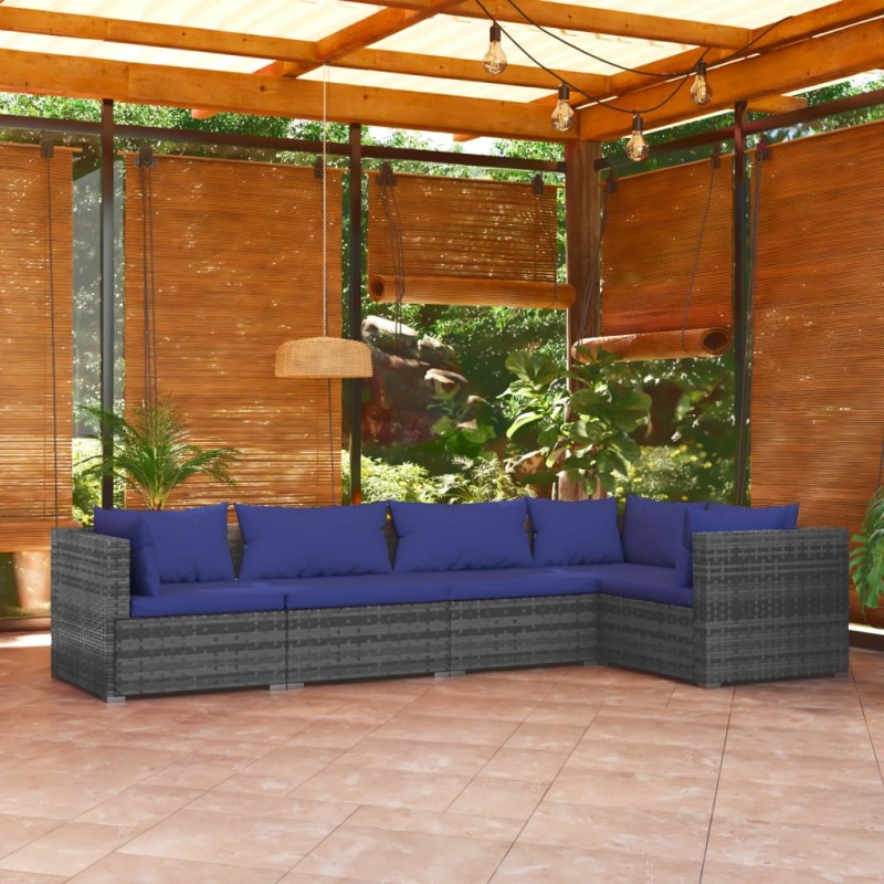 vidaXL 5-tlg. Garten-Lounge-Set mit Kissen Poly Rattan Grau vidaXL 5-tlg. Garten-Lounge-Set mit Kissen Poly Rattan Grau