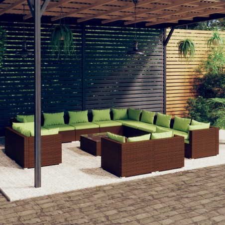 vidaXL 14-tlg. Garten-Lounge-Set mit Kissen Braun Poly Rattan