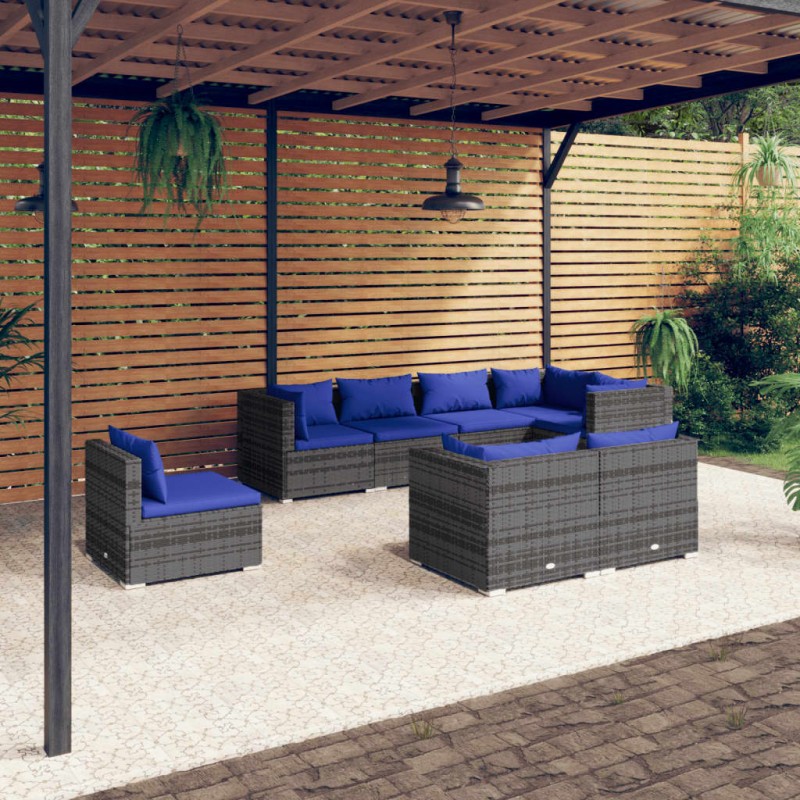 vidaXL 8-tlg. Garten-Lounge-Set mit Kissen Poly Rattan Grau vidaXL 8-tlg. Garten-Lounge-Set mit Kissen Poly Rattan Grau