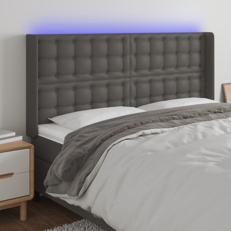 vidaXL LED Kopfteil Grau 147x16x118/128 cm Kunstleder