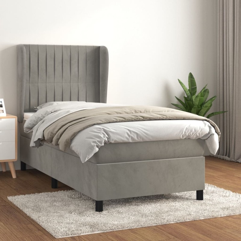 vidaXL Boxspringbett mit Matratze Hellgrau 90x190 cm Samt vidaXL Boxspringbett mit Matratze Hellgrau 90x190 cm Samt