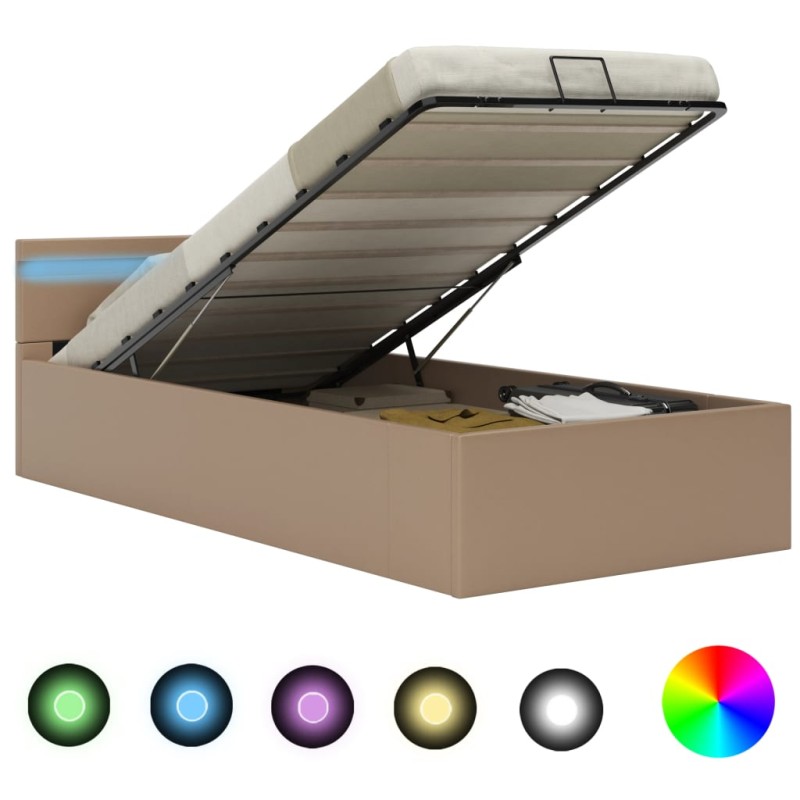 vidaXL Bett mit Bettkasten LED Cappuccino-Braun Kunstleder 100x200 cm vidaXL Bett mit Bettkasten LED Cappuccino-Braun Kunstleder 100x200 cm