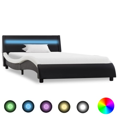Bettgestell mit LED Schwarz und Weiß Kunstleder 100x200 cm