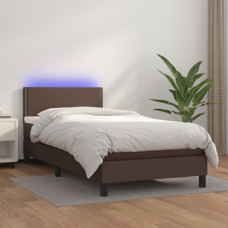 vidaXL Boxspringbett mit Matratze & LED Braun 90x200 cm Kunstleder vidaXL Boxspringbett mit Matratze & LED Braun 90x200 cm Kunstleder
