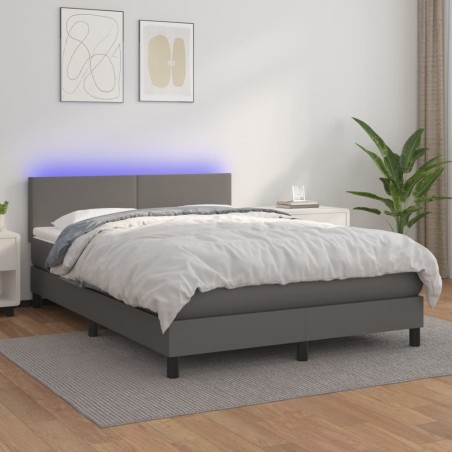 vidaXL Boxspringbett mit Matratze & LED Grau 140x200 cm Kunstleder