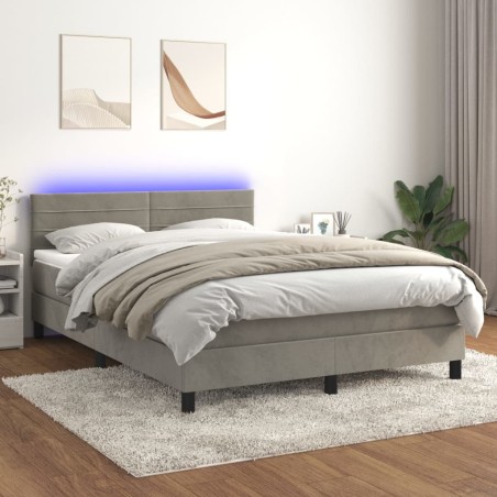vidaXL Boxspringbett mit Matratze & LED Hellgrau 140x200 cm Samt