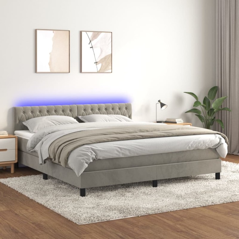 vidaXL Boxspringbett mit Matratze & LED Hellgrau 180x200 cm Samt vidaXL Boxspringbett mit Matratze & LED Hellgrau 180x200 cm Samt