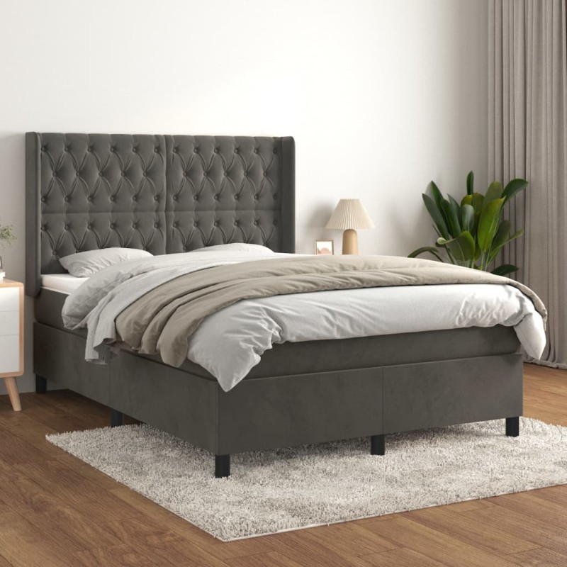 vidaXL Boxspringbett mit Matratze Dunkelgrau 140x190 cm Samt vidaXL Boxspringbett mit Matratze Dunkelgrau 140x190 cm Samt