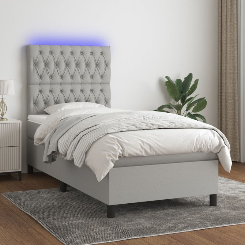 vidaXL Boxspringbett mit Matratze & LED Hellgrau 90x190 cm Stoff vidaXL Boxspringbett mit Matratze & LED Hellgrau 90x190 cm Stoff