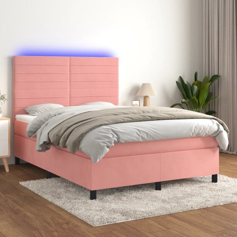 vidaXL Boxspringbett mit Matratze & LED Rosa 140x200 cm Samt vidaXL Boxspringbett mit Matratze & LED Rosa 140x200 cm Samt