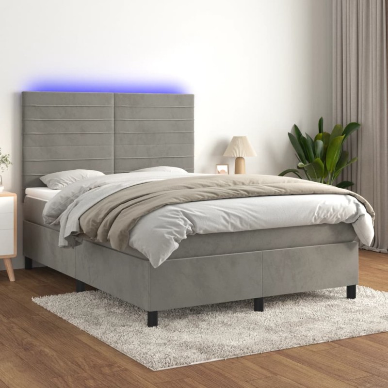 vidaXL Boxspringbett mit Matratze & LED Hellgrau 140x200 cm Samt vidaXL Boxspringbett mit Matratze & LED Hellgrau 140x200 cm Samt