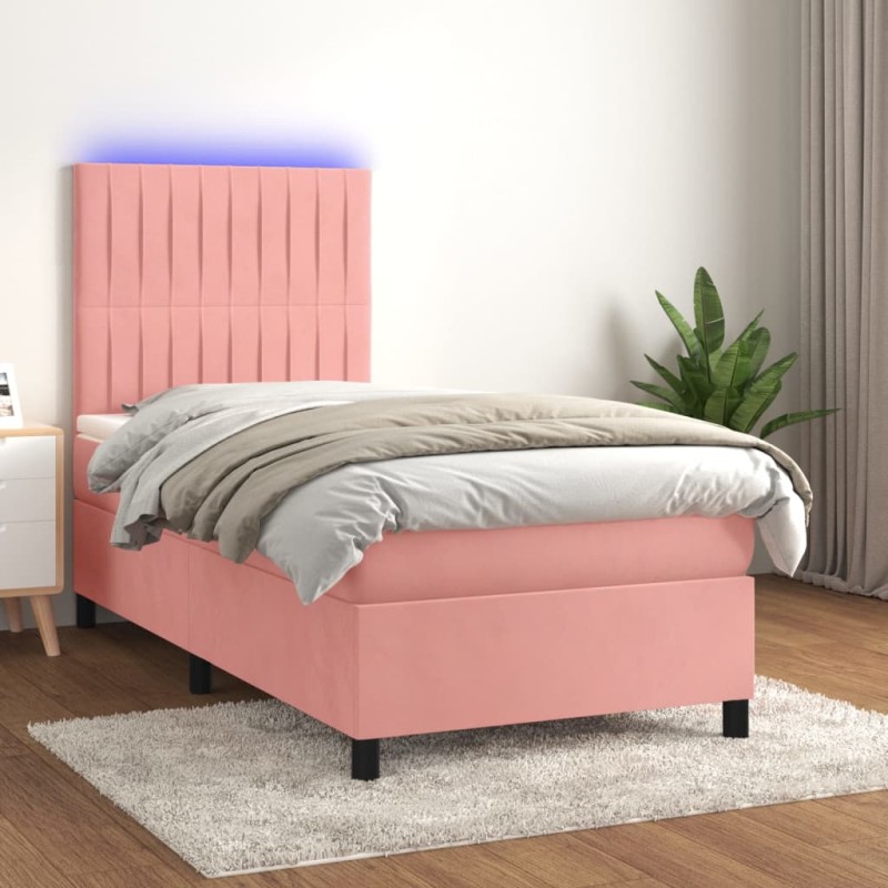 vidaXL Boxspringbett mit Matratze & LED Rosa 90x190 cm Samt vidaXL Boxspringbett mit Matratze & LED Rosa 90x190 cm Samt