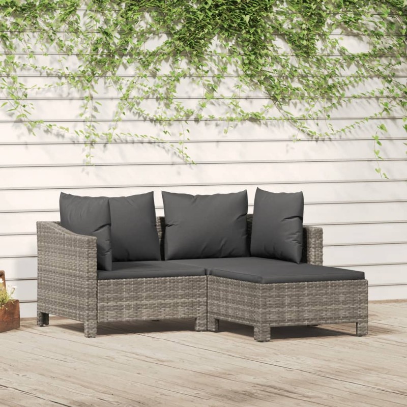 3-tlg. Garten-Lounge-Set mit Kissen Grau Poly Rattan 3-tlg. Garten-Lounge-Set mit Kissen Grau Poly Rattan