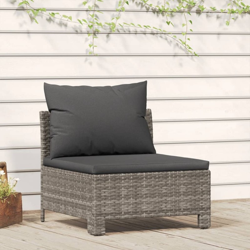 vidaXL Garten-Mittelsofa mit Kissen Grau Poly Rattan vidaXL Garten-Mittelsofa mit Kissen Grau Poly Rattan