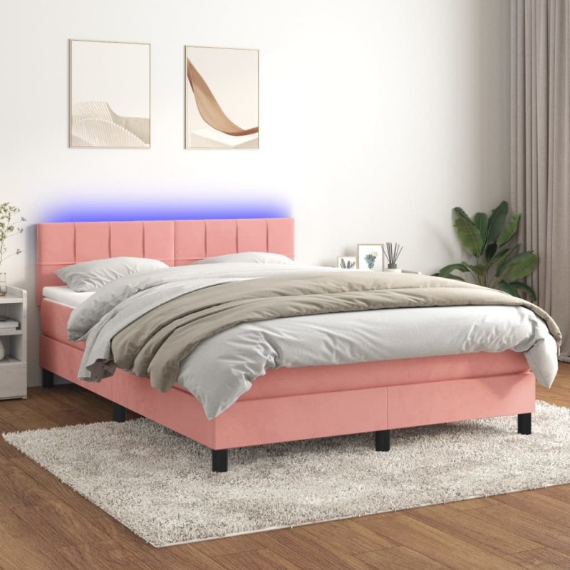vidaXL Boxspringbett mit Matratze & LED Rosa 140x200 cm Samt vidaXL Boxspringbett mit Matratze & LED Rosa 140x200 cm Samt