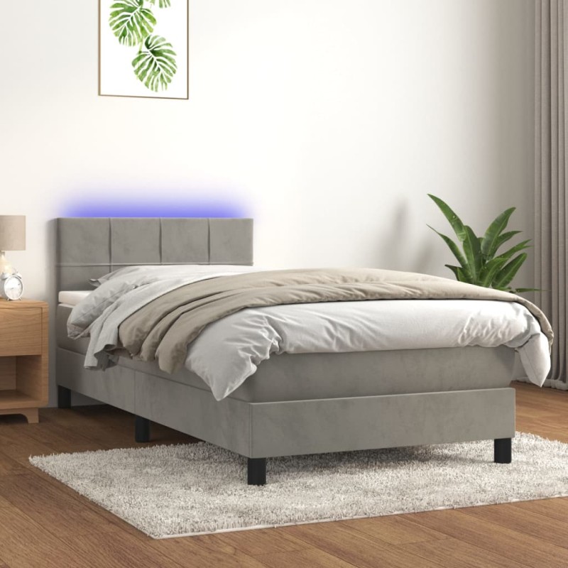 vidaXL Boxspringbett mit Matratze & LED Hellgrau 100x200 cm Samt vidaXL Boxspringbett mit Matratze & LED Hellgrau 100x200 cm Samt