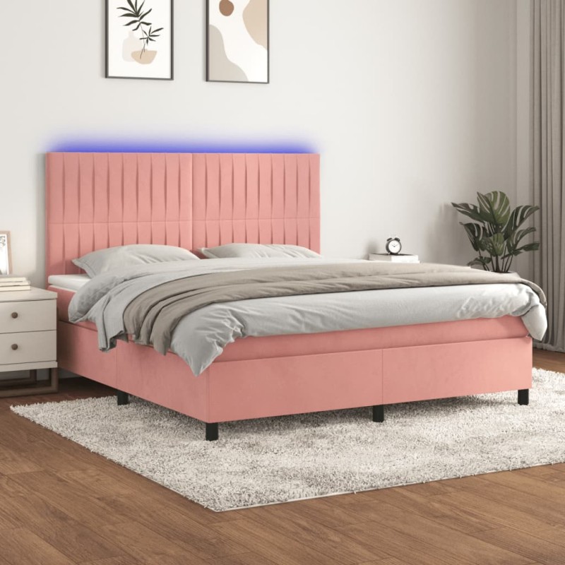 vidaXL Boxspringbett mit Matratze & LED Rosa 160x200 cm Samt vidaXL Boxspringbett mit Matratze & LED Rosa 160x200 cm Samt