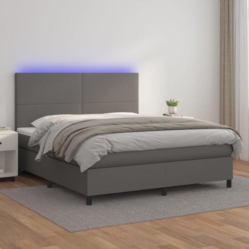 vidaXL Boxspringbett mit Matratze & LED Grau 180x200 cm Kunstleder vidaXL Boxspringbett mit Matratze & LED Grau 180x200 cm Kunstleder